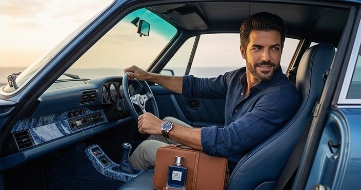 Taste ao volante, com a necessaire de perfumes no banco
