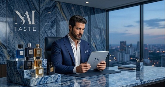 Taste trabalhando, de terno, num escritório com vista