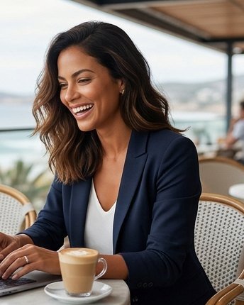 Mai trabalhando no notebook, num café de frente para o mar